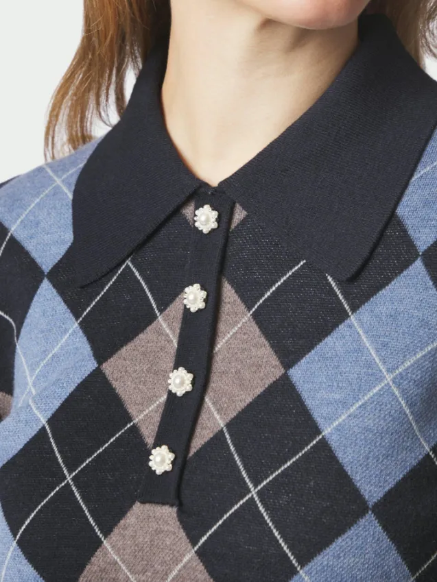 Julina Check Knit Blouse Navy