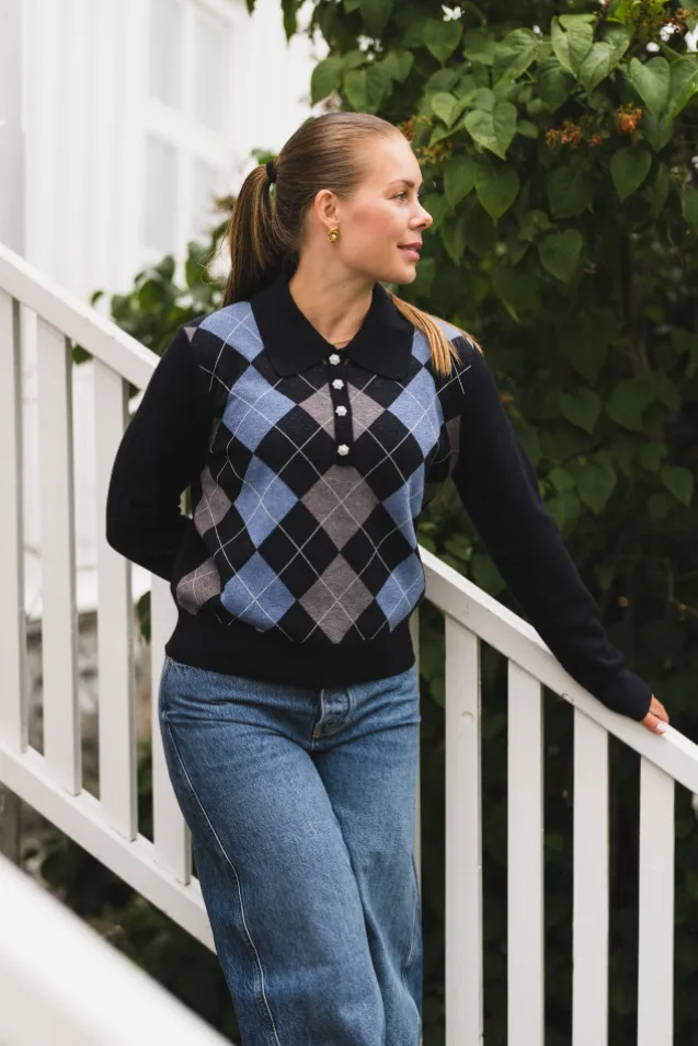 Julina Check Knit Blouse Navy