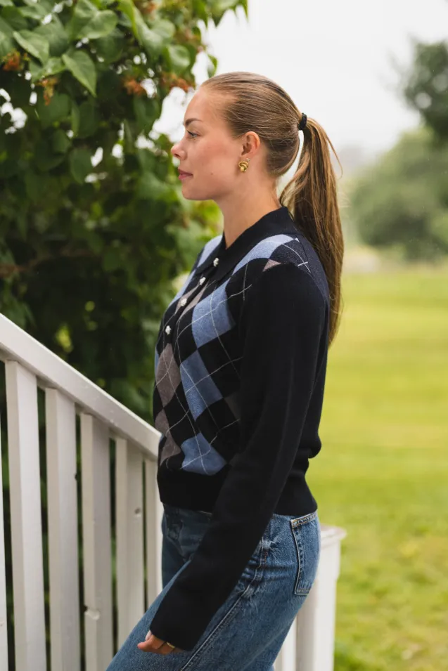 Julina Check Knit Blouse Navy