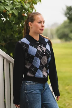 Julina Check Knit Blouse Navy