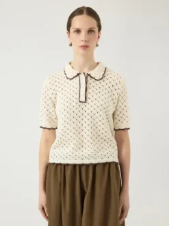 Lingo LS Knit Polo Top Pristine W Brown Edges