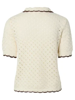 Lingo LS Knit Polo Top Pristine W Brown Edges