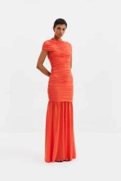Loana Draped Chiffon Maxi Dress Coral
