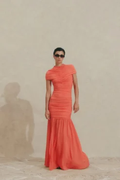 Loana Draped Chiffon Maxi Dress Coral