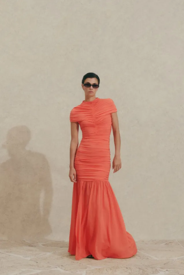 Loana Draped Chiffon Maxi Dress Coral