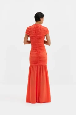 Loana Draped Chiffon Maxi Dress Coral