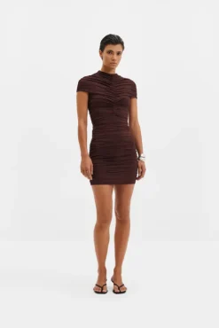 Loana Draped Chiffon Mini Dress Espresso