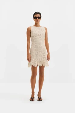 Miranda Ruffled Guipure Lace Mini Dress Sand