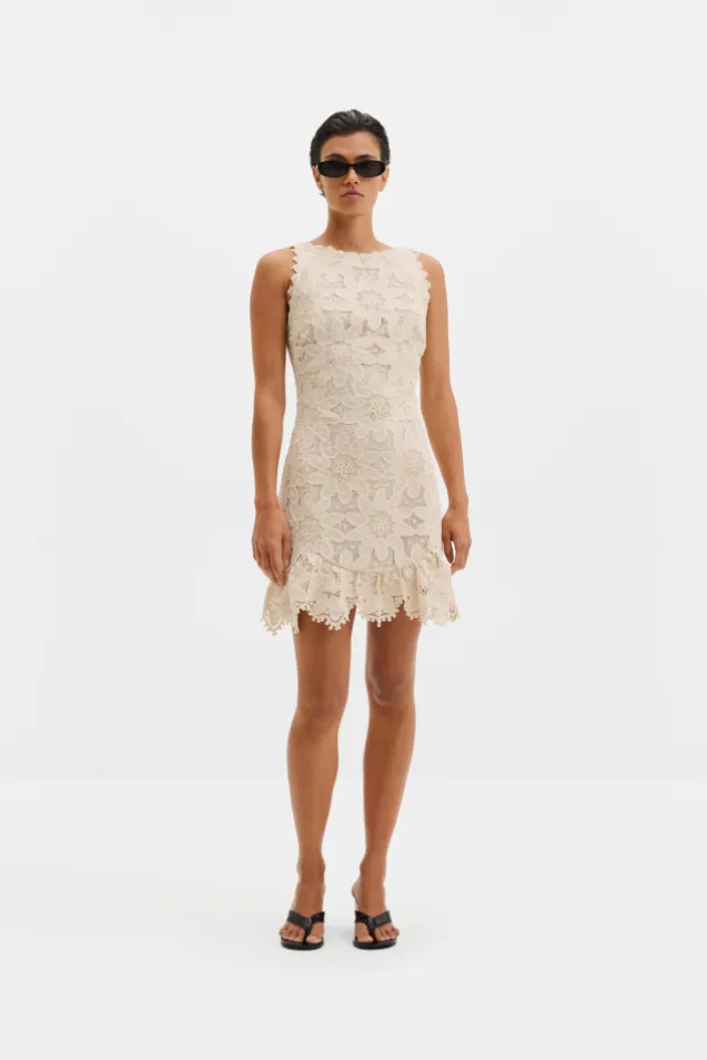 Miranda Ruffled Guipure Lace Mini Dress Sand