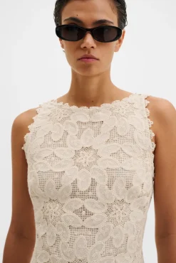 Miranda Ruffled Guipure Lace Mini Dress Sand