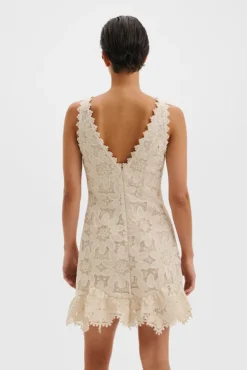 Miranda Ruffled Guipure Lace Mini Dress Sand