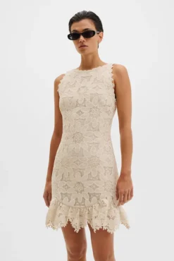 Miranda Ruffled Guipure Lace Mini Dress Sand