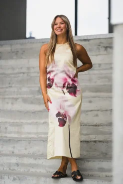 Orchida Satin Long Dress Anise Flower