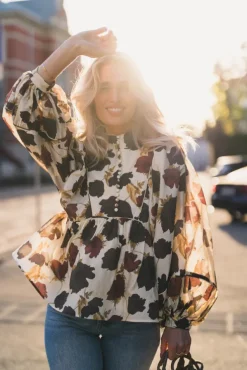 Pernilla High Neck Balloon Sleeve Blouse Wine Peony