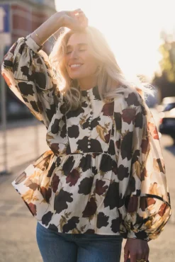 Pernilla High Neck Balloon Sleeve Blouse Wine Peony