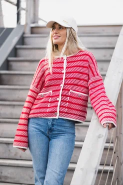 Polly Knitted Cardigan Poppy Red Stripe