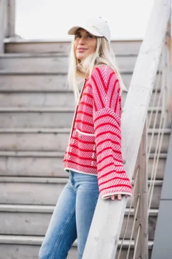 Polly Knitted Cardigan Poppy Red Stripe