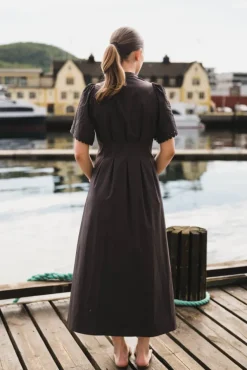 Poppy Emb Pleat Dress Dark Brown