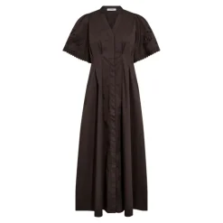 Poppy Emb Pleat Dress Dark Brown