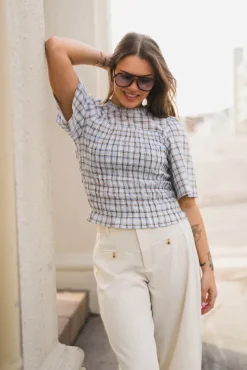 Possini Mega Check Blouse Light Blue