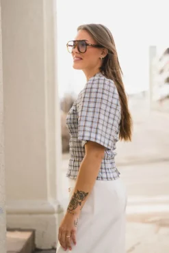 Possini Mega Check Blouse Light Blue