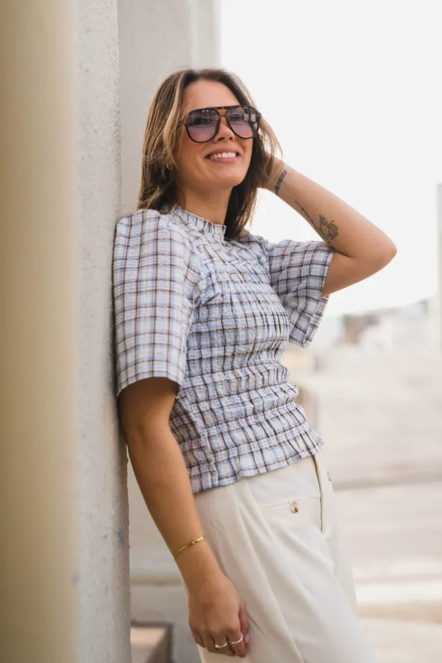 Possini Mega Check Blouse Light Blue