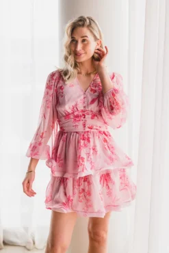 Rivana Print Chiffon Dress Pink