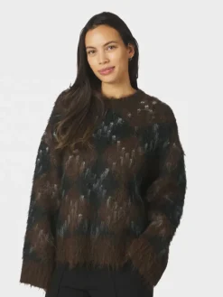 Roeme Check Fluffy Knit Blouse Dark Brown