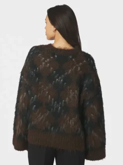 Roeme Check Fluffy Knit Blouse Dark Brown