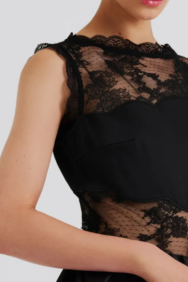 Rosy Lace Trimmed Cut Out Mini Dress Black
