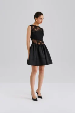 Rosy Lace Trimmed Cut Out Mini Dress Black
