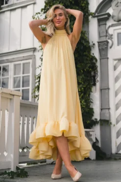 Sabrina Halterneck Ruffled Midi Dress Light Lemon