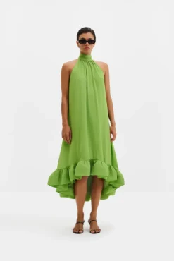 Sabrina Halterneck Ruffled Midi Dress Lime