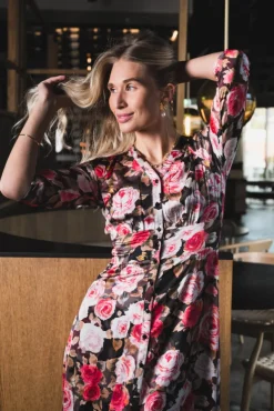 Satin Button-Down Dress Midnight Roses