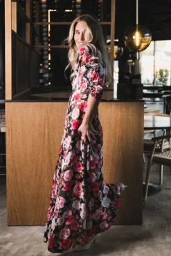 Satin Button-Down Dress Midnight Roses