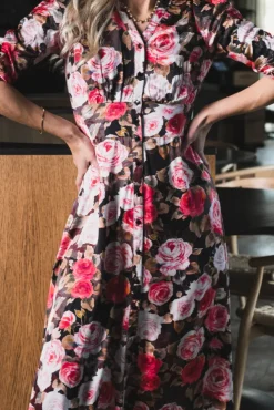 Satin Button-Down Dress Midnight Roses