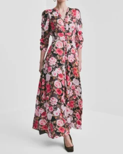 Satin Button-Down Dress Midnight Roses