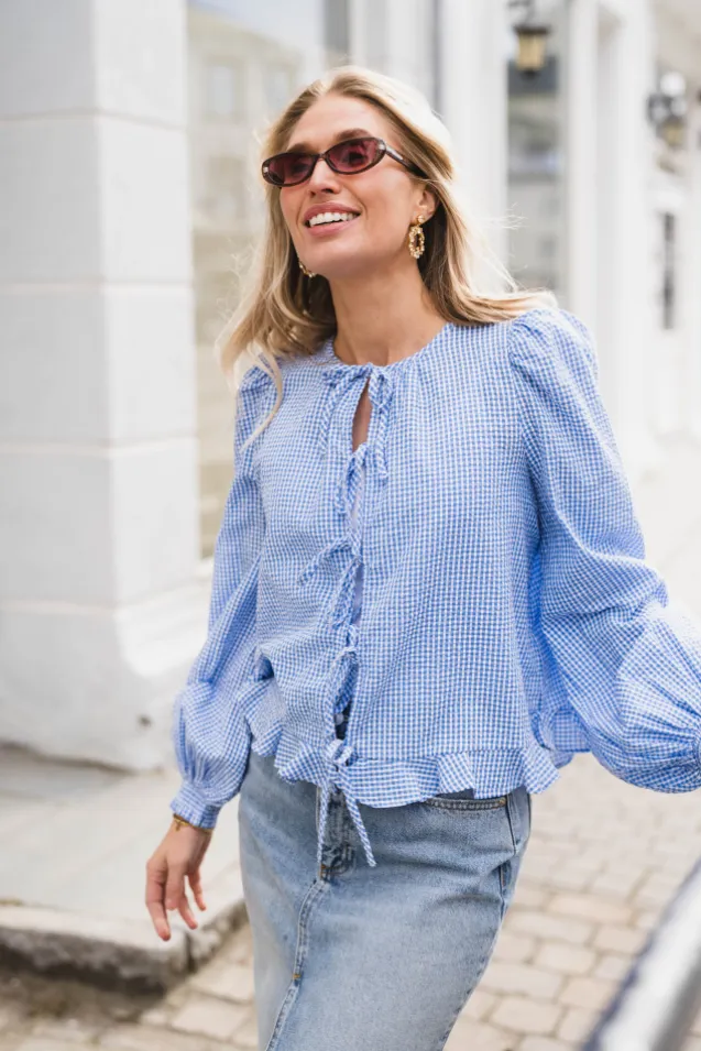 Seersucker Bow Blouse Blue Checks