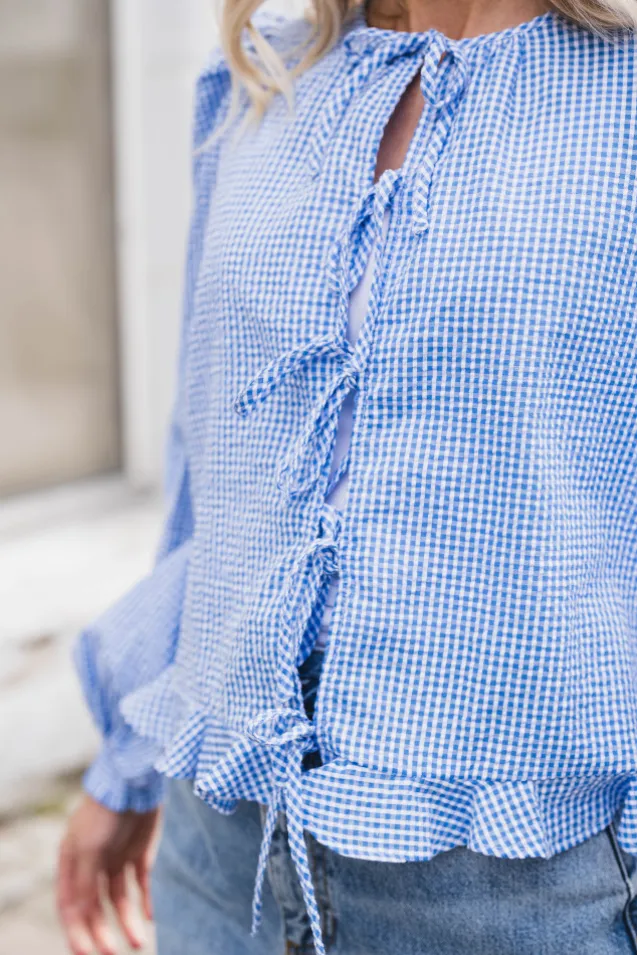 Seersucker Bow Blouse Blue Checks