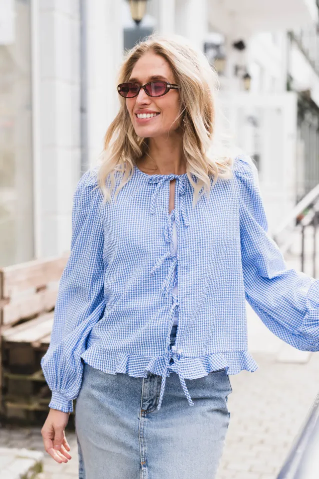 Seersucker Bow Blouse Blue Checks