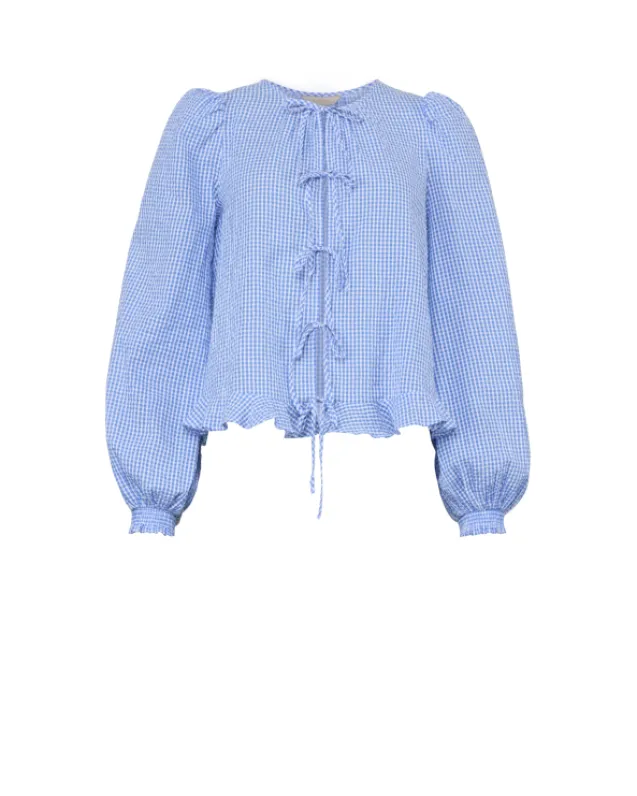 Seersucker Bow Blouse Blue Checks