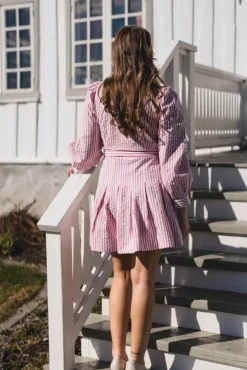 Seersucker Pleated Dress Pink Stripe
