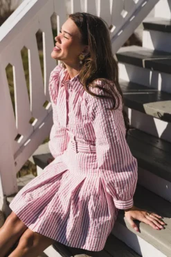Seersucker Pleated Dress Pink Stripe