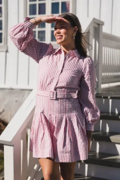 Seersucker Pleated Dress Pink Stripe