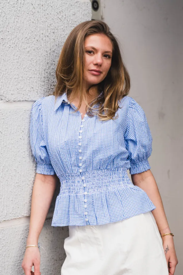 Seersucker Smocking Blouse Blue Checks