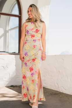 Shiny Sleeveless Dress Vintage Bouquet