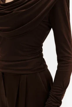 Signe Cowl Neck Jersey Top Dark Brown