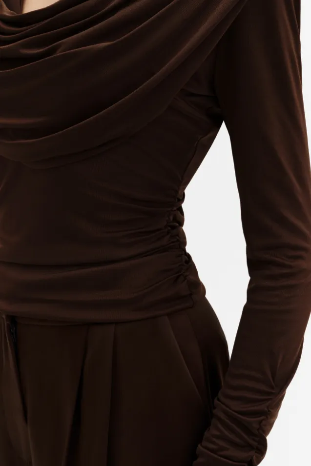 Signe Cowl Neck Jersey Top Dark Brown