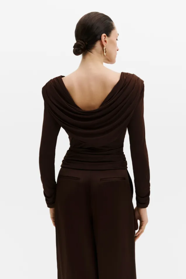 Signe Cowl Neck Jersey Top Dark Brown