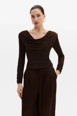 Signe Cowl Neck Jersey Top Dark Brown
